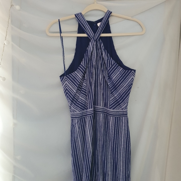 Parker Channing Linen Blend Boho Striped Classic Blue and White Beach Jumpsuit - Picture 5 of 6